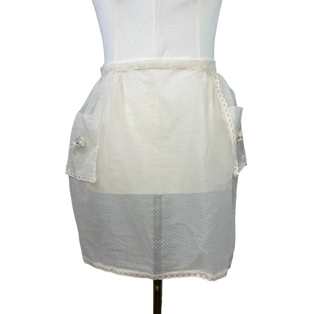VTG Sheer White Swiss Dot Half Apron Pink Floral Rosette Lace Trim Pockets
